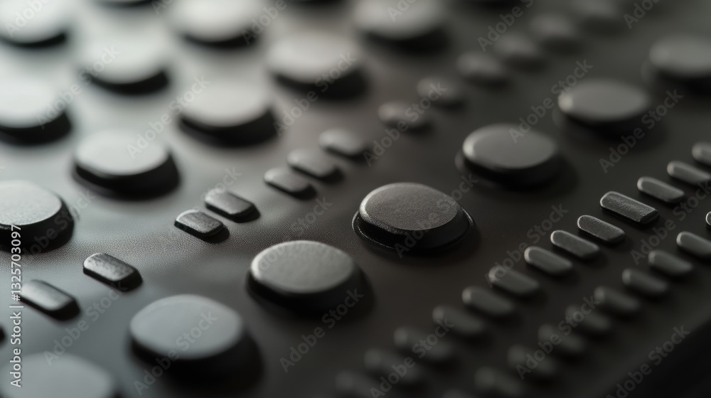 Aufkleber close-up view of black buttons on a textured surface in abstract composition