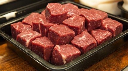 Fototapeta premium Fresh Cubed Beef Steaks on a Foam Tray Ready for Cooking
