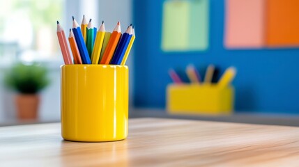 Colorful Pencil Collection in Yellow Holder on Wooden Table Surface
