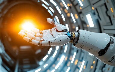 Robotic hand with glowing energy in futuristic setting.