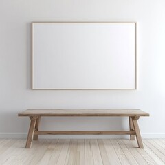 Empty wooden frame mockup on wall above rustic table.