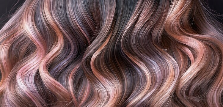 Glossy brunette curls surrounded by soft periwinkle and peach tones