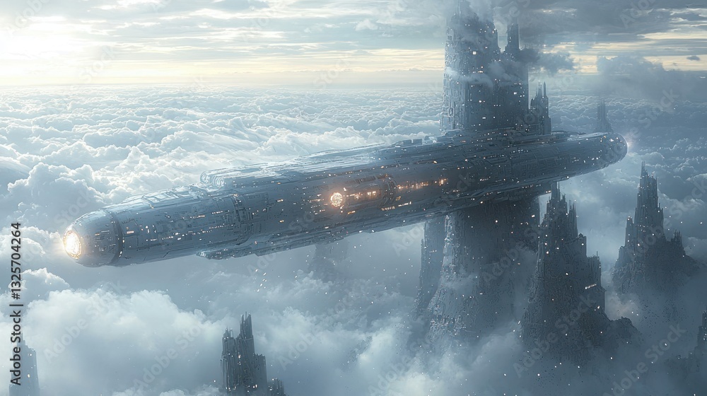 Poster futuristic spaceship hovering above a cloudy alien landscape.