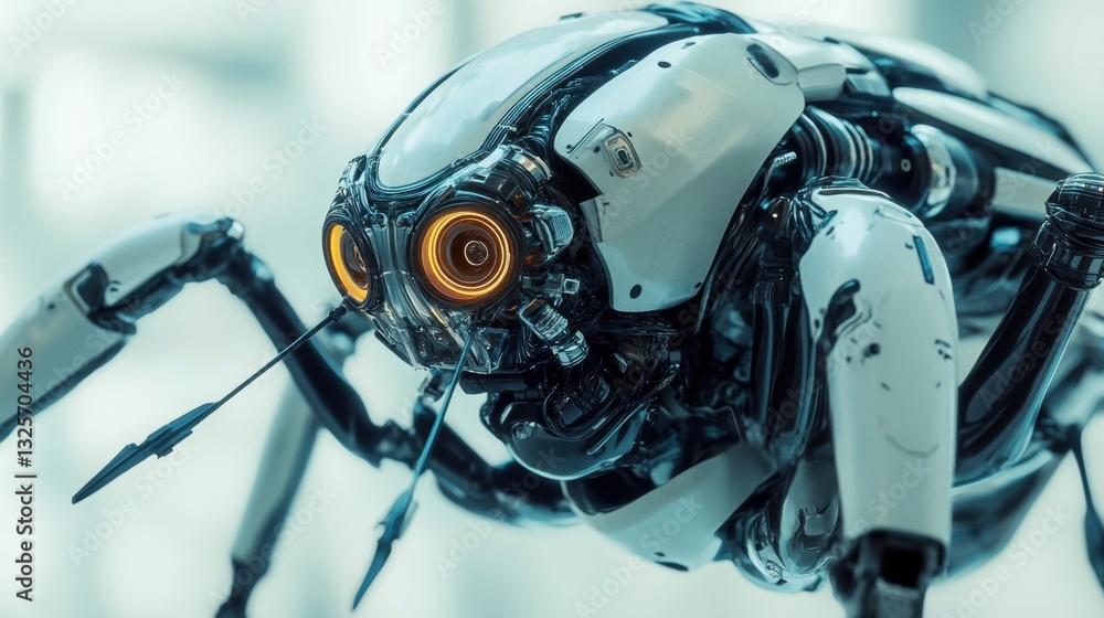 Aufkleber futuristic insect-like robot with intricate design and glowing eyes in a high-tech environment