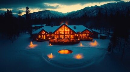 Fototapeta premium A Cozy Illuminated Winter Cabin Surrounded by Snow and Mountains