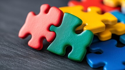 Obraz premium Colorful Puzzle Pieces on a Dark Wood Surface for Creative Backgrounds
