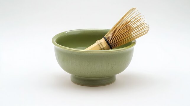 A matcha green tea cup with a bamboo whisk, showcasing the tea-making process