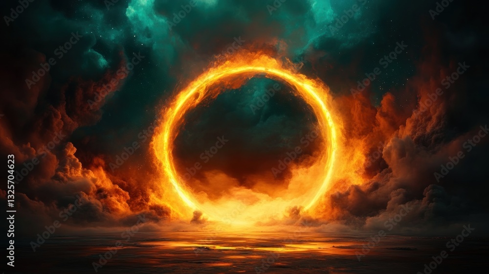 Poster a glowing fiery ring floats within swirling celestial clouds around it