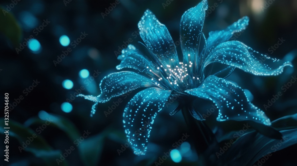 Poster mesmerizing blue flower glow with delicate sparkles and soft background in enchanted garden setting