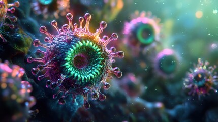 Vibrant Microbial World with Colorful Bacteria and Virus Structures in a Surreal, Dreamlike Atmosphere and Ethereal Background
