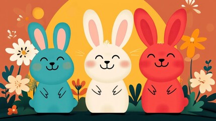 Three adorable smiling bunnies with flowers and a background glow