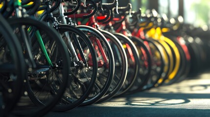 A Row of Colorful Bikes Parked in a Row,  Sunlight Glistening on their Wheels