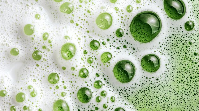 Abstract close-up of vibrant green bubbles in white foam, creating a refreshing and lively atmosphere.