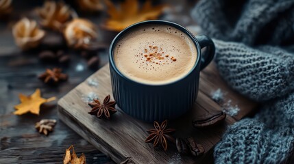 Cozy Autumn Coffee: A Warm Mug of Latte on Wooden Board with Fall Leaves, Spices and Knitted Sweater