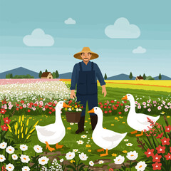 Fototapeta premium Farmer Gathering Flowers with Geese in a Blooming Field Landscape