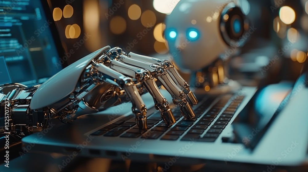 Aufkleber a robotic hand types on a laptop computer keyboard