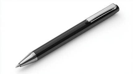 black ballpoint pen, with a smooth, matte black barrel and a silver-toned clip and tip, isolated against a pure white background