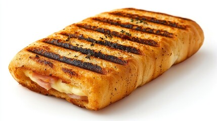 A delicious grilled panini sandwich containing cheese and ham
