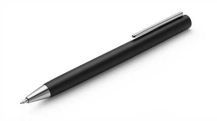 black ballpoint pen, with a smooth, matte black barrel and a silver-toned clip and tip, isolated against a pure white background