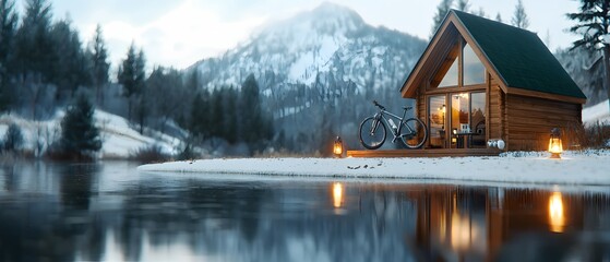 Fototapeta premium Breathtaking winter cabin retreat by serene lake snowy mountain landscape tranquil nature scene aesthetic view