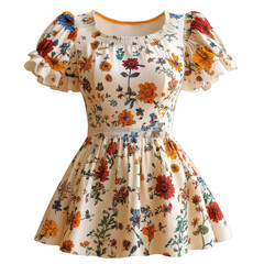 A floral print summer dress with ruffle sleeves isolated on white background.PNG