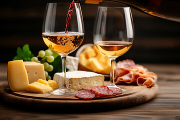 wine being poured into two glasses,