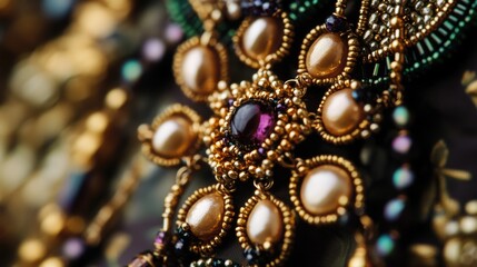 Intricate Close-Up of Ornate Decorative Jewelry Featuring Gemstones and Pearls in a Vivid Color Palette