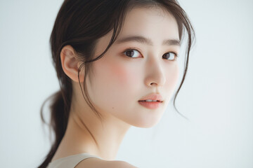 Fototapeta premium 美容, 女性, スキンケア, 化粧品, ビューティー, 若い女性, 美肌, 日本人, アジア人, フェイシャル, メイク, 美容液, 保湿, クリーム, エイジングケア, 美容医療, エステ, 美容クリニック, 肌ケア, ナチュラルメイク, 透明感, ツヤ肌, モデル, 笑顔, ポートレート, クローズアップ, リラックス, 癒し, 健康的, 美白, コラーゲン, ヒアルロン酸, アンチエイジング