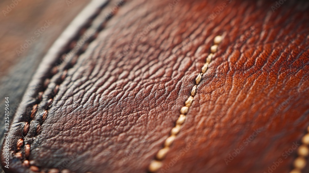 Poster close-up of textured brown leather surface with detailed stitching and patterns for craft and design