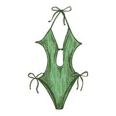 Hand drawn colored sketch of one-piece swimsuit with cutouts and bows in vintage style