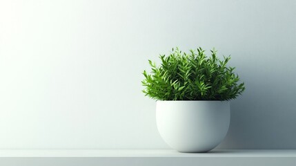 Fresh Green Plant in White Pot on Minimalist Shelf Against Wall