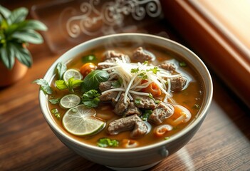 Steaming hot bowl of Pho with beef broth, noodles, and fresh herbs