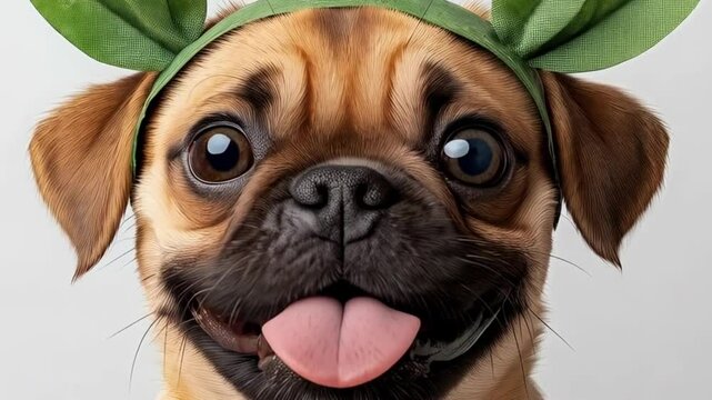 Adorable Pug Puppy in Green Leaf Headband