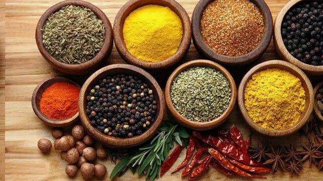 Diverse collection of spices arranged in bowls on wooden surface showcasing vibrant colors and textures