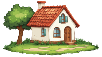 a small charming house with red roof isolated on white bacground