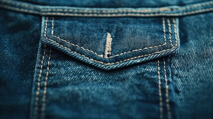 Fototapeta premium Close-Up View of a Denim Fabric Texture Showcasing a Stitched Pocket Design with Detailed Blue Tones and Visible Fading Effects