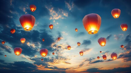 Fototapeta premium Floating lanterns illuminate night sky during vibrant festival, creating magical atmosphere