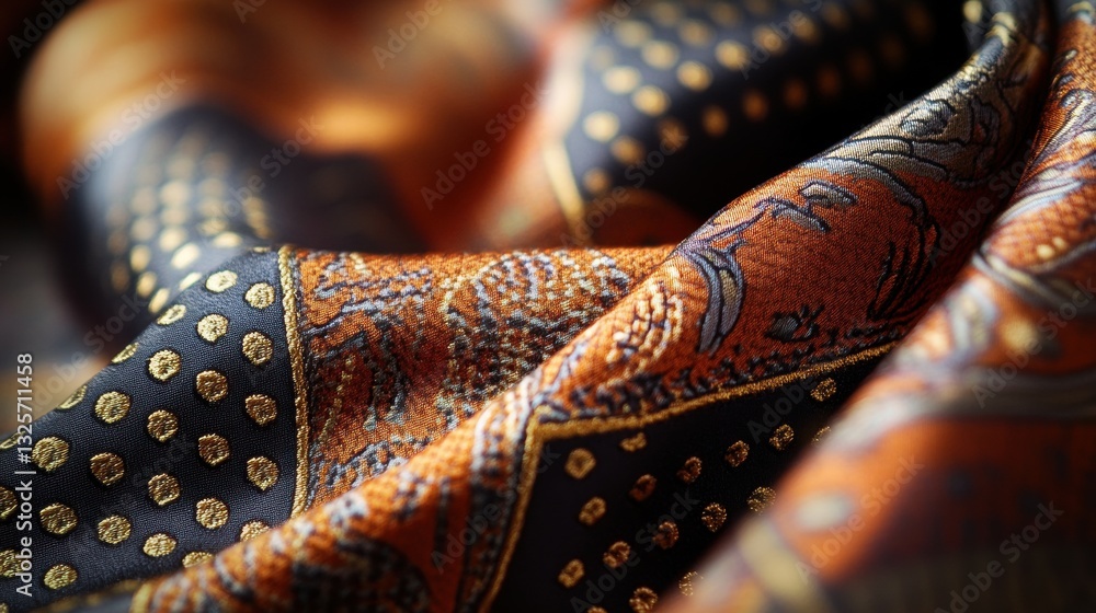 Poster close-up view of intricate fabric with vibrant patterns and textures in warm tones and rich colors f