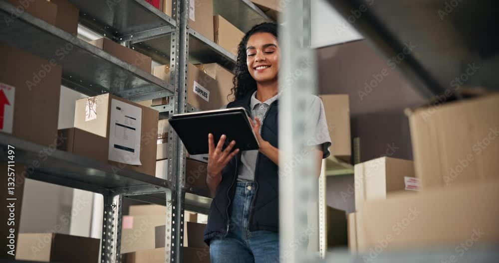 Poster woman, boxes and inspection with tablet for distribution, order search or quality control for invent