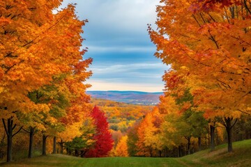 Vibrant Autumn Colors Along a Scenic Pathway in a Rural Landscape Generative AI