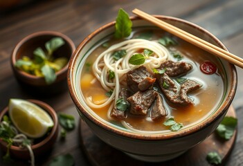 Delicious Pho with tender beef and fresh herbs