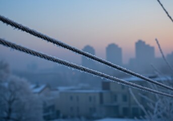 Obraz premium Frosty wires frame serene city sunrise. AI Generated