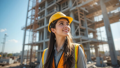 A bright-faced young female worker standing at a construction site wearing a hard hat