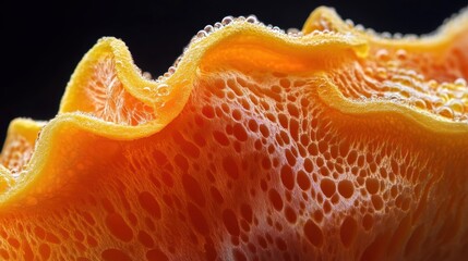 Close-Up View of Vibrant Orange Organic Texture with Bubbles, Curved Edges and Detailed Surface Contours on a Dark Background