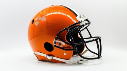 An orange football helmet with faceguard displayed against white background