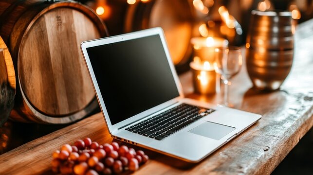 Laptop open on wooden bar with grapes, wine barrels, and candles