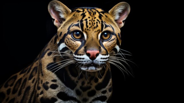 close-up of a rare exotic ocelot cat with solid black background