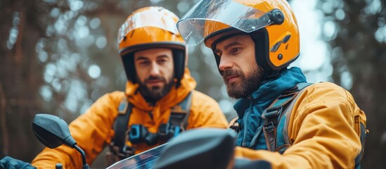 Riders consult map, forest background