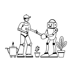A glyph illustration of robot gardening 
