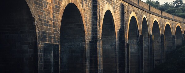 An impressive long stone arch bridge spanning a landscape setting